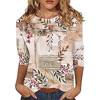 Blouses for Women Dressy Casual,Womens Retro Geometric Print Crew Neck 3/4 Sleeve Shirts Slim Spring Outfit Clothes
