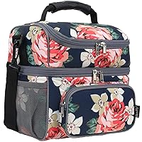 FlowFly Double Layer Cooler Insulated Lunch Bag Adult Lunch Box Large Tote Bag for Men, Women, With Adjustable Strap,Front Pocket and Dual Large Mesh Side Pockets,Peony