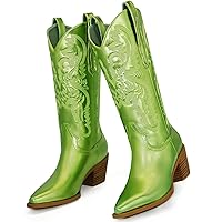 MUCCCUTE Women's Cowgirl Boots Metallic Cowboy Boots Chunky Block Heel Western Boots Ladies Vintage Wide-calf Boot