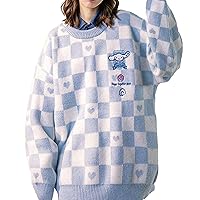 Outerwear Sweater for Women Girls Kawaii Plaid Loose Round Neck Jk Cosplay Long Sleeve Fall Winter Sweater-Blue