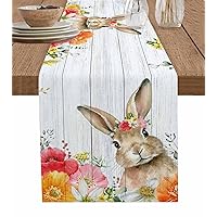 Spring Easter Bunny Table Runner 90 Inches Long for Dining Table, Washable Cotton Linen Farmhouse Table Runners Dresser Scarf for Kitchen Party Holiday Cute Rabbits Floral Plant Rustic Wooden