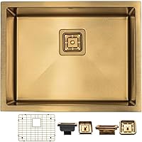 Strictly Sinks 23 Inch Undermount Kitchen Sink – Gold Single Bowl 16 Gauge Stainless Steel Bar Prep Kitchen Sink Stain Resistant – With 1 Square Disposal Adapter, 1 Strainer Drain & Bottom Grid