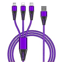 Multi Charging Cable, 2M/6.56ft Multi Charger Cable Nylon Braided Multiple USB Universal 3 in 1 Charging Cord Adapter with Type-C, Micro USB Port Connectors for Cell Phones and More Purple