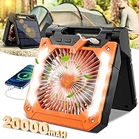 20000mAh Solar Battery Operated Fan for Camping, 3 Speeds Folding Timable Rechargeable Desk Fan with LED & SOS Strobe Light, Hangable USB Charger Port Camping Fan Power Bank for Home Office Travel