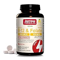 Jarrow Formulas Extra Strength Methyl B-12 1000 mcg & Methyl Folate 400 mcg + P-5-P, Dietary Supplement for Cellular Energy Metabolism and Cardiovascular Support, 100 Chewable Tablets, 100 Day Supply