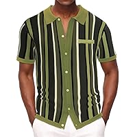 Men’s Short Sleeve Knit Shirt Vintage Stripe Lapel Collar Polo Shirt