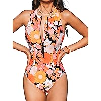 CUPSHE Women One Piece Bathing Suits High Neck Sleeveless Zipper T-Splice Swimsuit Slimming