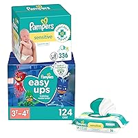 Pampers Easy Ups Pull On Training Pants Boys and Girls, 3T-4T, One Month Supply (124 Count) with Sensitive Water Based Baby Wipes 6X Pop-Top Packs (336 Count)