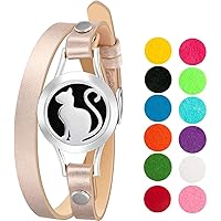 Wild Essentials Pretty Kitty Cat Essential Oil Bracelet Diffuser, Leather Wrap Band, Stainless Steel Locket Pendant, 12 Color Refill Pads, Customizable Color Changing Perfume Jewelry for Aromatherapy