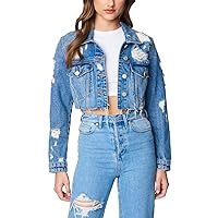 [BLANKNYC] womens Luxury Clothing Cropped and Distressed Denim Trucker Jackets, Comfortable & Stylish CoatsDenim Jacket