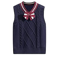 Kids Girls V-Neck Bowknot Knitted Sweater Vest Girls School Uniform Knitwear Waistcoat Pullover Casual Tops