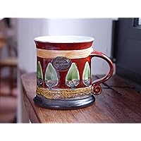 Christmas Gift Delight! 10 oz Red Pottery Coffee Mug with Handpainted Trees - Handmade Ceramic Tea Mug - Unique and Cute Clay Mug by Danko