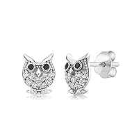 Round Cut Black & White CZ Diamond Owl Stud Earrings For Women's & Girls 14K White Gold Over .925 Sterling Silver (Push Back)