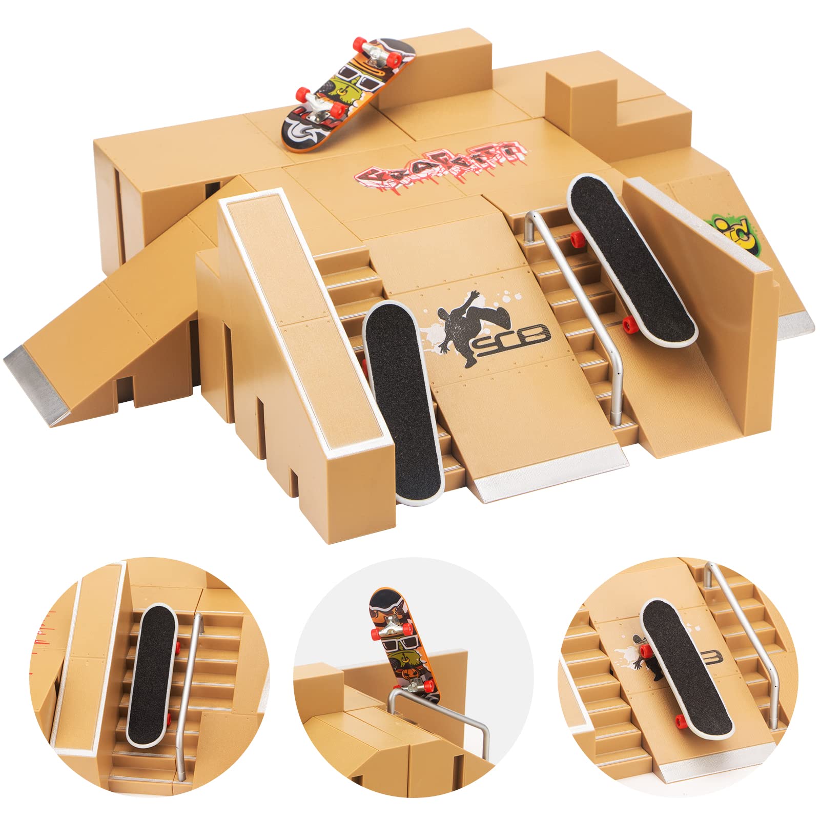 EISHION Fingerboard Skatepark with 3 Finger Skateboards, Customizable and Buildable Fingerboard Ramps with 8pcs Parts, Mini Finger Skate Park Kit for Kids, Toys Gifts for Boys and Girls Ages 6 and up