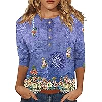 Womens Blouses Dressy Casual Fall Women's Fashion Casual Three Quarter Sleeve Flower Buttons Print Round Neck Top Blouse