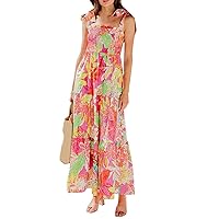 Indian Dresses for Women, Flowy Smocked Maxi Dress Sleeveless Tie Shoulder Boho Floral Beach, S XXL