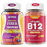 Sugar Free Psyllium Husk Prebiotic Fiber Gummies - 7G Fiber with 2000mg Prebiotic Fiber Blend & Multivitamins+Vitamin B12 10000 mcg (Methyl B12) Gummies with Vitamin D3, B9 Vitamin Folate, Vitamin C