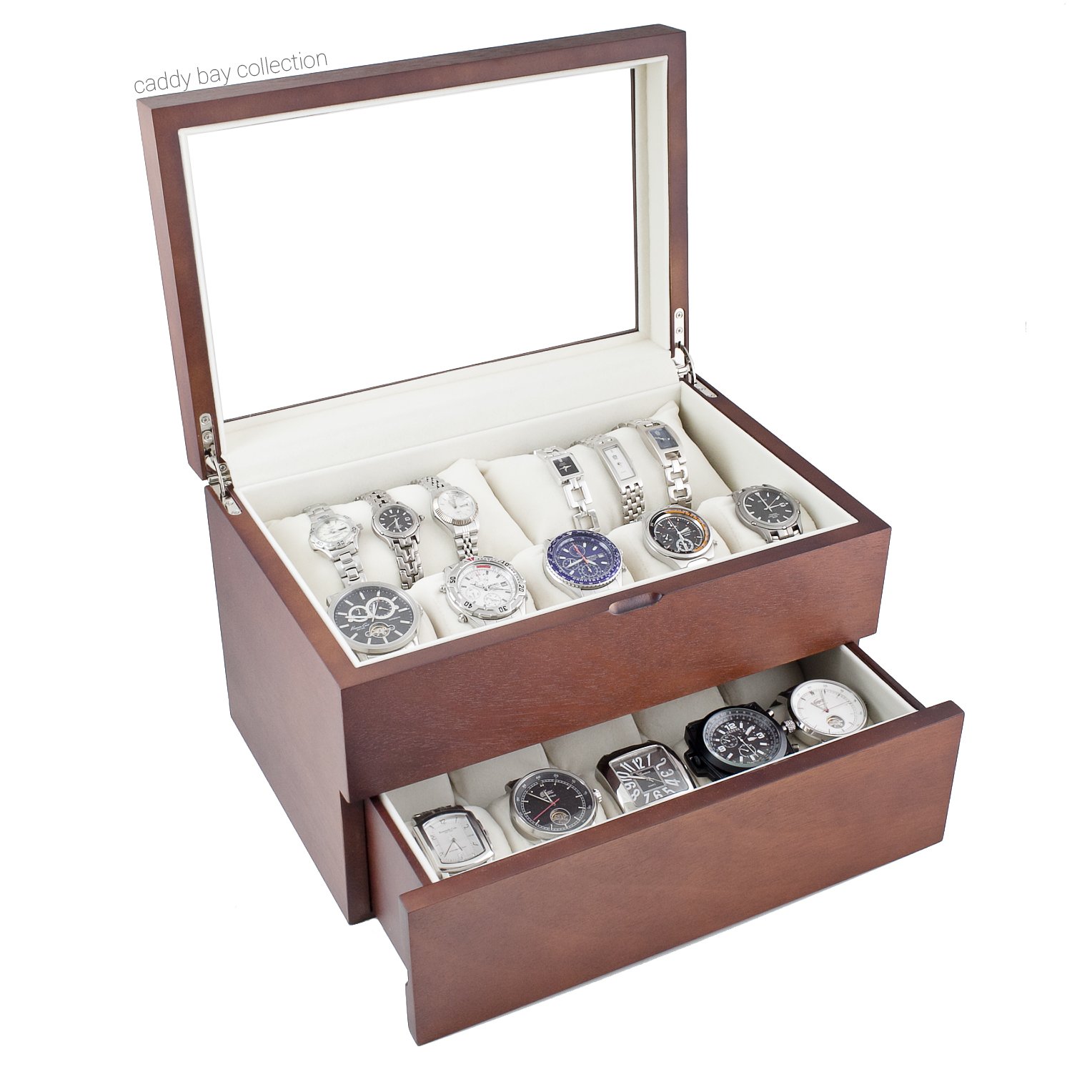 Caddy Bay Collection Vintage Wood Watch Case Display Storage Watch Box Glass Top Holds 20+ Watches With Adjustable Soft Pillows and High Clearance for Larger Watches