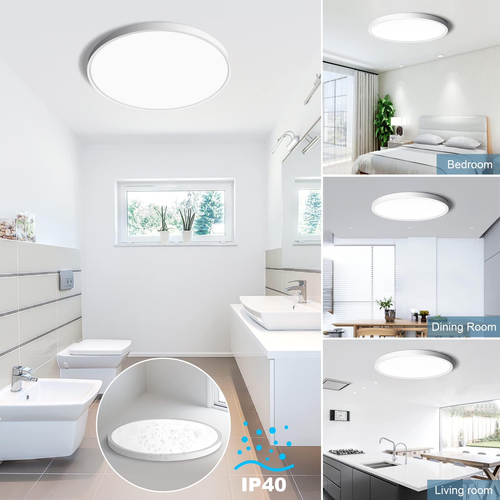 12 Inch LED Flush Mount Ceiling Light Fixture, 5000K Daylight White, 3200LM, 24W, Flat Modern Round Lighting Fixture, 240W Equivalent White Ceiling Lamp for Kitchens, Stairwells, Bedrooms.etc.