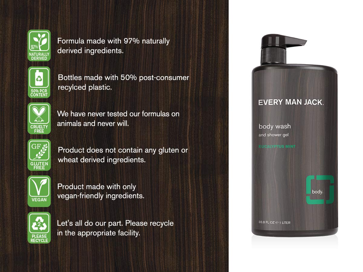 Every Man Jack Eucalyptus Mint Hydrating Mens Body Wash for All Skin Types - Cleanse, Nourish, and Hydrate Skin with Naturally Derived Ingredients - Paraben Free, Phthalate Free, Dye Free - 33.8oz