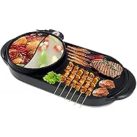 Multifunctional Electric Grill with Hot Pot, 2-in-1 Electric Baking Pan Double Pot Soup Maker, Smokeless Non-Stick Indoor BBQ, Shabu Pot with Divider, Capacity for 3-5 People