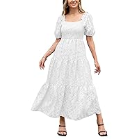 Womens Summer Short Puff Sleeve Off Shoulder Smocked Floral Dress Lace Flowy A Line Textured Tiered Midi Dresses