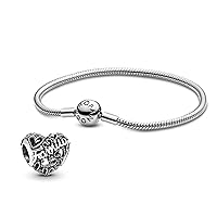 Pandora Jewelry Bundle with Gift Box - Family Heart Sterling Silver Charm & Moments Sterling Silver Snake Chain Charm Bracelet with Ball Clasp, 9.0