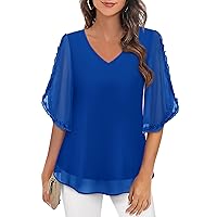 Messic Womens Ruffle Half Sleeve Blouses Double Layered Blouse V Neck Chiffon Dressy Tops