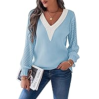 Pink Queen Women's Fall Sweater 2023 Trendy Long Sleeve Lace V Neck Knit Loose Pullover Sweaters Jumper Tops