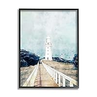 Stupell Industries White Lighthouse Boardwalk Rocky Cliff Coastal Landscape Water Black Framed Wall Art, 24 x 30, Blue