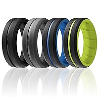 ROQ Silicone Rubber Wedding Ring for Men, Comfort Fit, Men's Wedding & Engagement Band, 8mm Wide 2mm Thick, Engraved Duo Middle Line, 4 Pack, Black, Yellow Green, Grey, Light Blue, Size 14