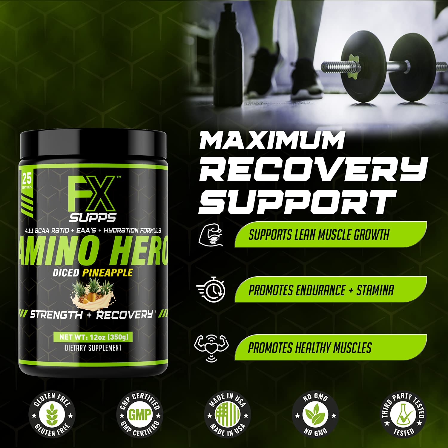 FX Supps Amino Hero Diced Pineapple Flavor(25 Servings)|Post-Workout Recovery Drink for Men and Women|Energy Powder Mix with BCAA, EAA, and Electrolytes|Promotes Endurance and Healthy Muscles - 1 Pack