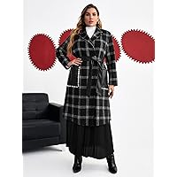 OVEXA Women's Large Size Fashion Casual Winte Plus Plaid Pearls Beaded Dual Pocket Belted Overcoat Leisure Comfortable Fashion Special Novelty (Color : Black, Size : X-Large)