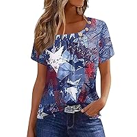 Womens 4th of July T-Shirts 2024 Summer Casual American Flag Print Tops Asymmetric Neck Short Sleeve Botton Blouses