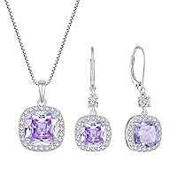 Princess Cut Jewelry Set for Women 925 Sterling Silver Alexandrite June Birthstone Necklace Halo Dangle Drop Leverback Earrings Jewelry Gifts for Her