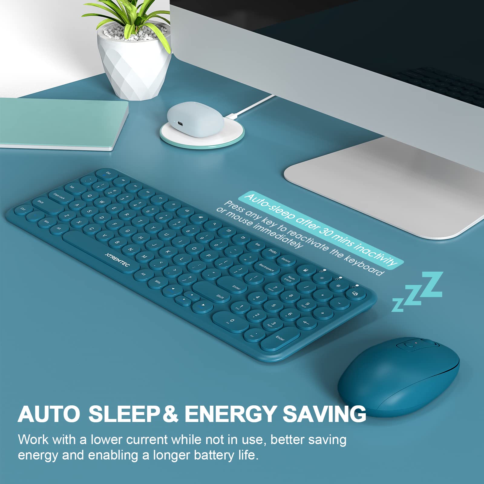 XTREMTEC Slim Wireless Keyboard and Mouse Combo, 2.4G USB Quiet Low-Profile Retro Round Typewriter Computer Keyboard and Ergonomic Mouse Set for Windows Laptop/PC/iMac/Computer, Plug-and-Play (Blue)