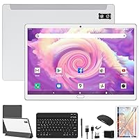 Android 13 Tablet, 2024 Latest 2 in 1 Tablet 10.1 Inch HD, 4G Cellular Tablet with Keyboard, 64GB+4GB Storage, Octa-Core Processor, 2 Sim Slot, 13MP Camera, Mouse/Stylus/GPS/WiFi/Bluetooth (Silver)