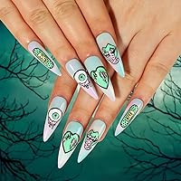 Long Pointed Press on Nails,Halloween Fake Nails Medium Gothic False Nail Kits Evil Eye Heart Gradient Design Acrylic Stick Glue on Nails Sets Reusable Full Cover Nails for Women and Girls Gift, 24Pcs