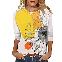 3/4 Sleeve T Shirts for Women O-Neck Sunflower Printed T-Shirt Cute Loose Fit Shirts Trendy Comfy Tees Casual Blouses