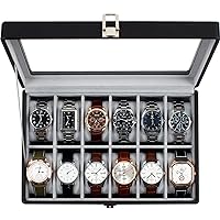 GUKA Watch Box, 12 Slot Watch Case with Large Real Glass Lid, Watch Organizer with Removable Watch Pillow, Black Synthetic Leather Watch Display, Black