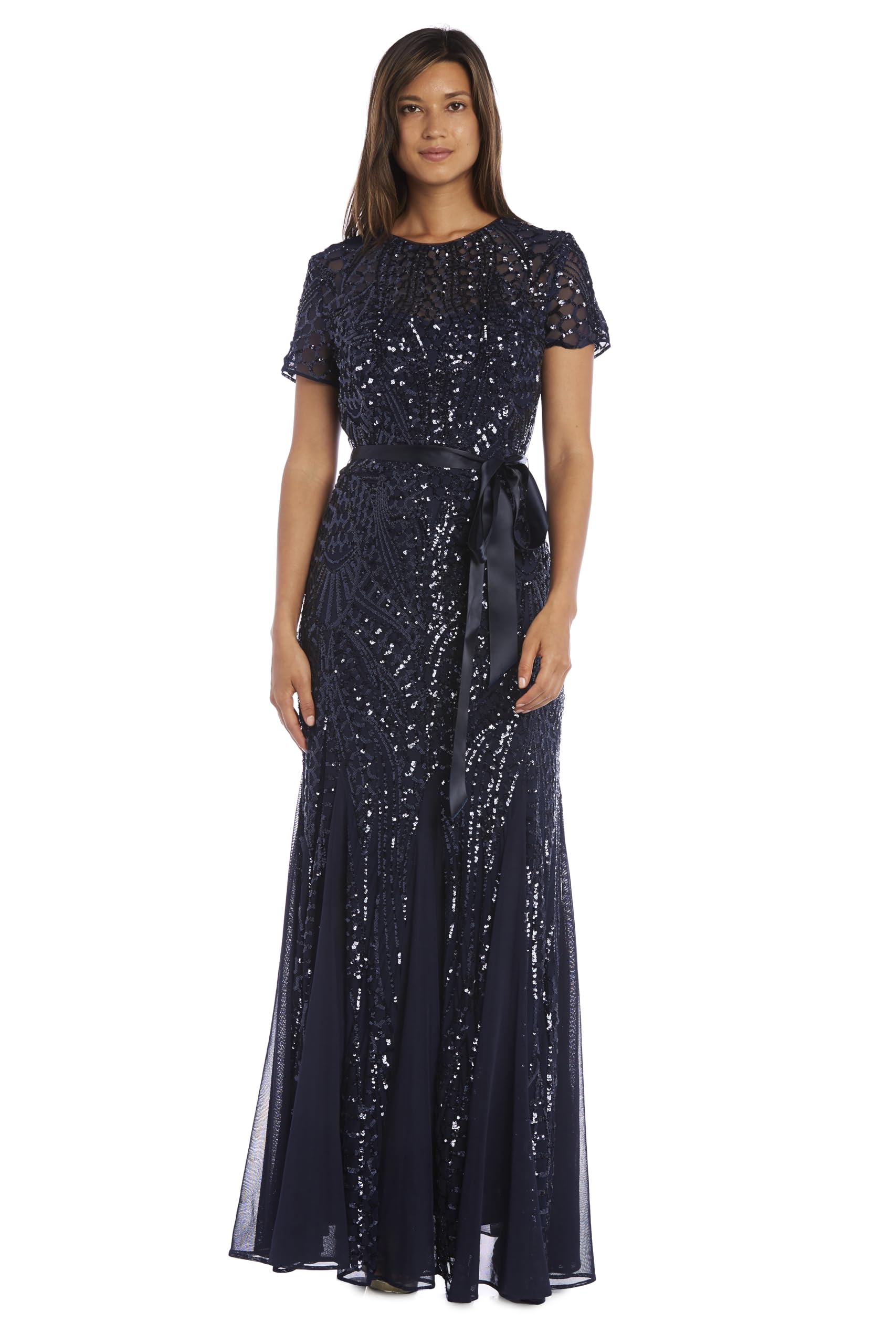 R&M Richards Women's Sequined Embellished Full Length Maxi Evening Dress Gown