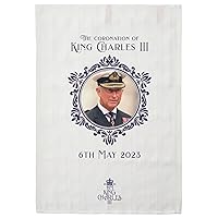King Charles III Coronation Tea Towel, White Cotton Kitchen Cloth with Crown Design and Official Logo