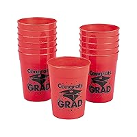 Fun Express 12 Pieces Congrats Grad Plastic Cups for Graduation, 10 oz, BPA Free Plastic, Graduation Party Supplies, Print Tableware, Print Cups, Red
