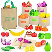 Wooden Play Food Set Color Sorting Toys, Pretend Food for Play Kitchen Accessories Toddler Fruits Veggies Cutting Toy, Grocery Store Pretend Play for Kids Kitchen