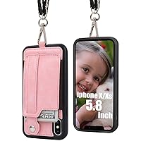 TOOVREN iPhone X/Xs Wallet Case Phone Lanyard Neck Strap iPhone Xs / 10 Protective Case Cover with Stand Leather PU Card Holder Adjustable Detachable iPhone Lanyard for Anti-Theft Pink