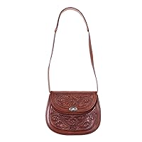 NOVICA Handmade Leather Sling Adjustable Floral Handbag from Peru Handbags Brown Slings Patterned 'Lovely Tulips'