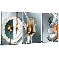 AIYISU 3 Piece Kitchen Wall Art Wine Glass Pictures for Dining Room Wall Decor Teal Gray Gold Wine Cups Posters Abstract Geometric Kitchenware Paintings Modern Background Artwork 16x24” Ready to hang