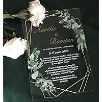 Gold Geometric Greenery Acrylic Wedding Invitation,Eucalyptus White Ink Invitations,Custom Acrylic Anniversary Invitation,10pcs