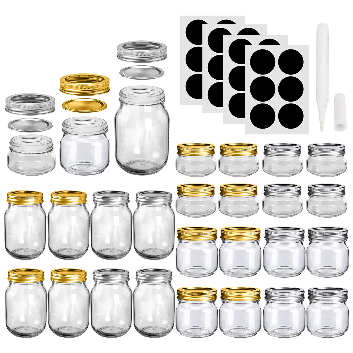 Mason Jars, SKOCHE 24 Pack Canning Jars Glass Jars Jelly Jars, Ideal for Wedding Favors, Shower Favors, DIY Magnetic Spice Jars - 4OZ x 8, 8OZ x 8,...