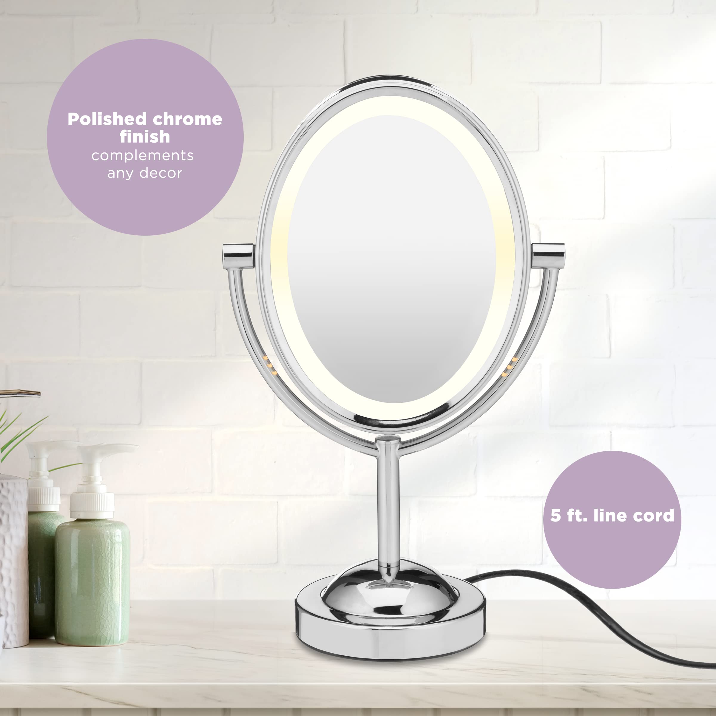 Conair Lighted Makeup Mirror with Magnification, Oval Mirror, LED Vanity Mirror, 1X/7X Magnifying Mirror, Double Sided Mirror, Corded in Polished Chrome